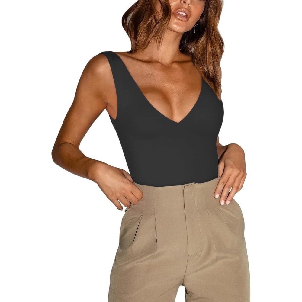 Women’s Sexy Plunge Deep V Neck Sleeveless V Backless Bodysuits Tops